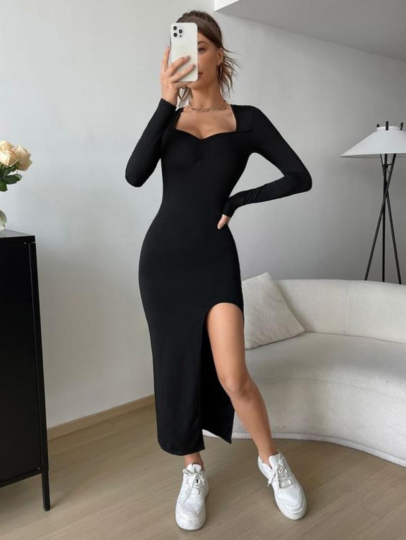 чёрное платье в обтяжку, sweetheart neck split thigh dress, little black dress, women's dress, sheath dress