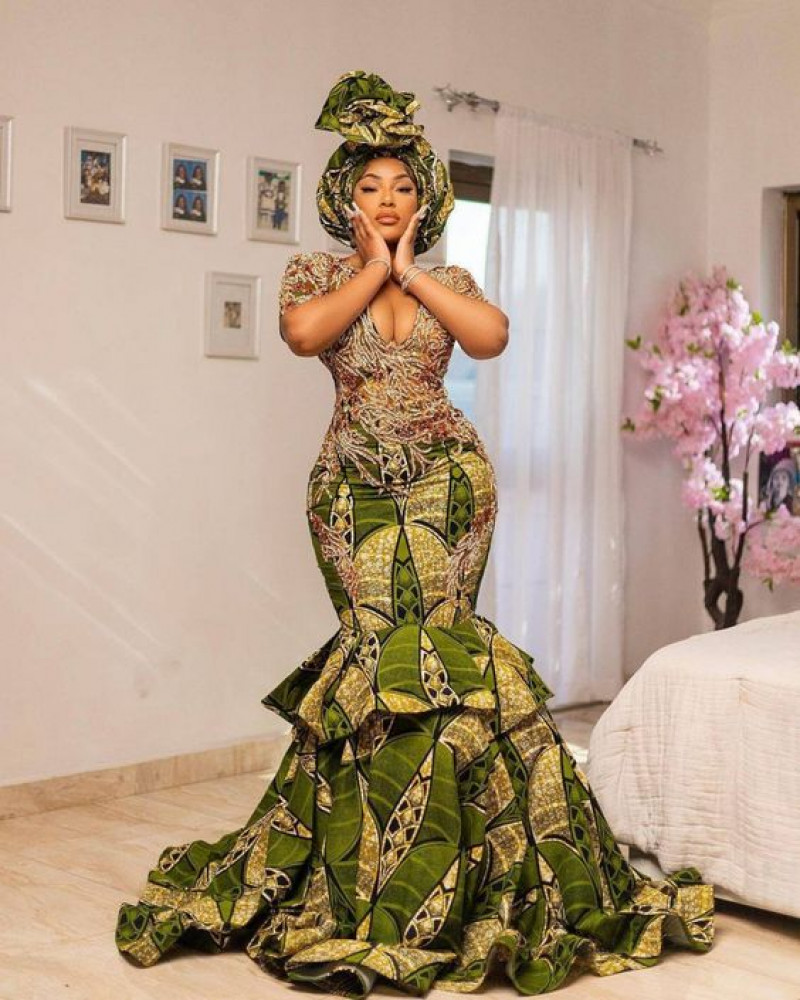 green Ankara gown with layers