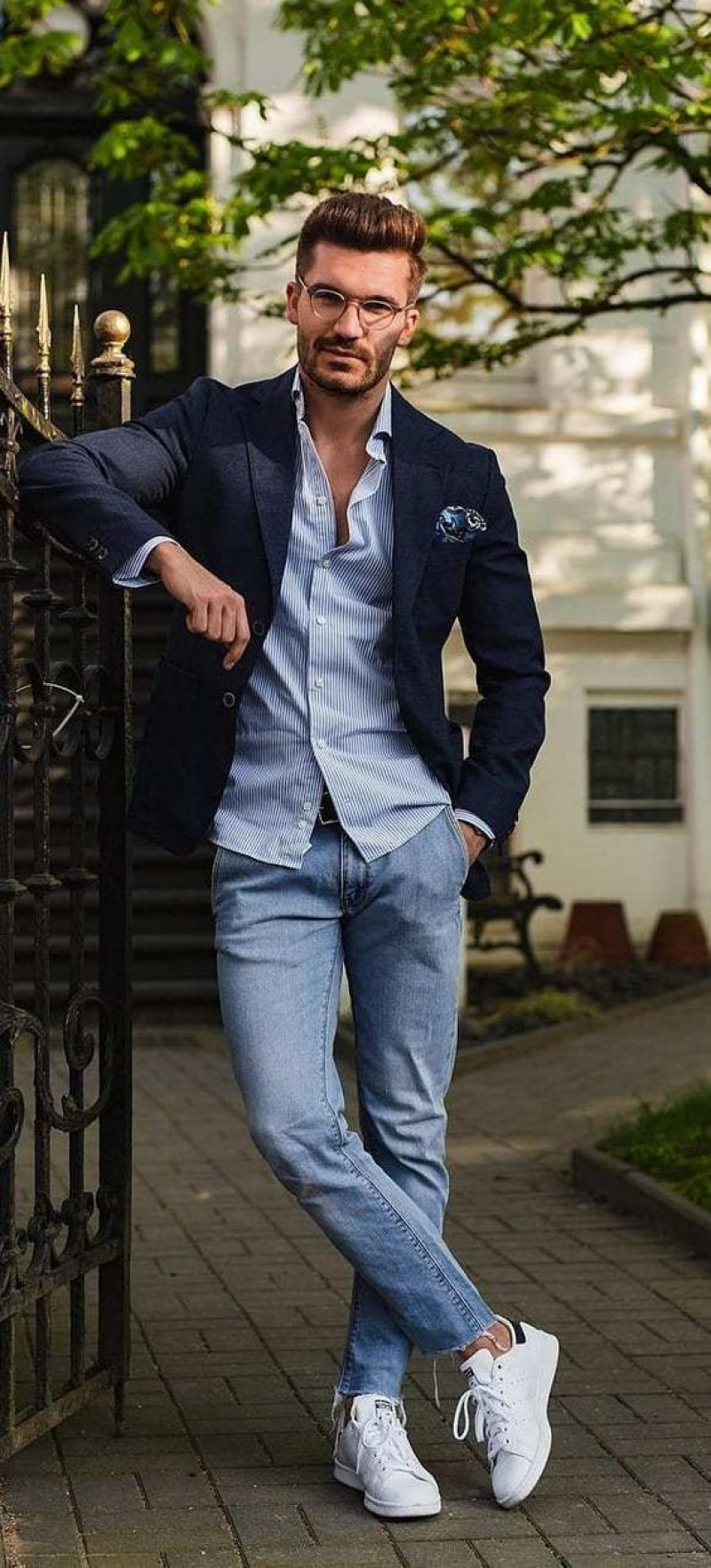 jeans and blazer outfit men, business casual, men's style, light blue casual trouser, white sneaker