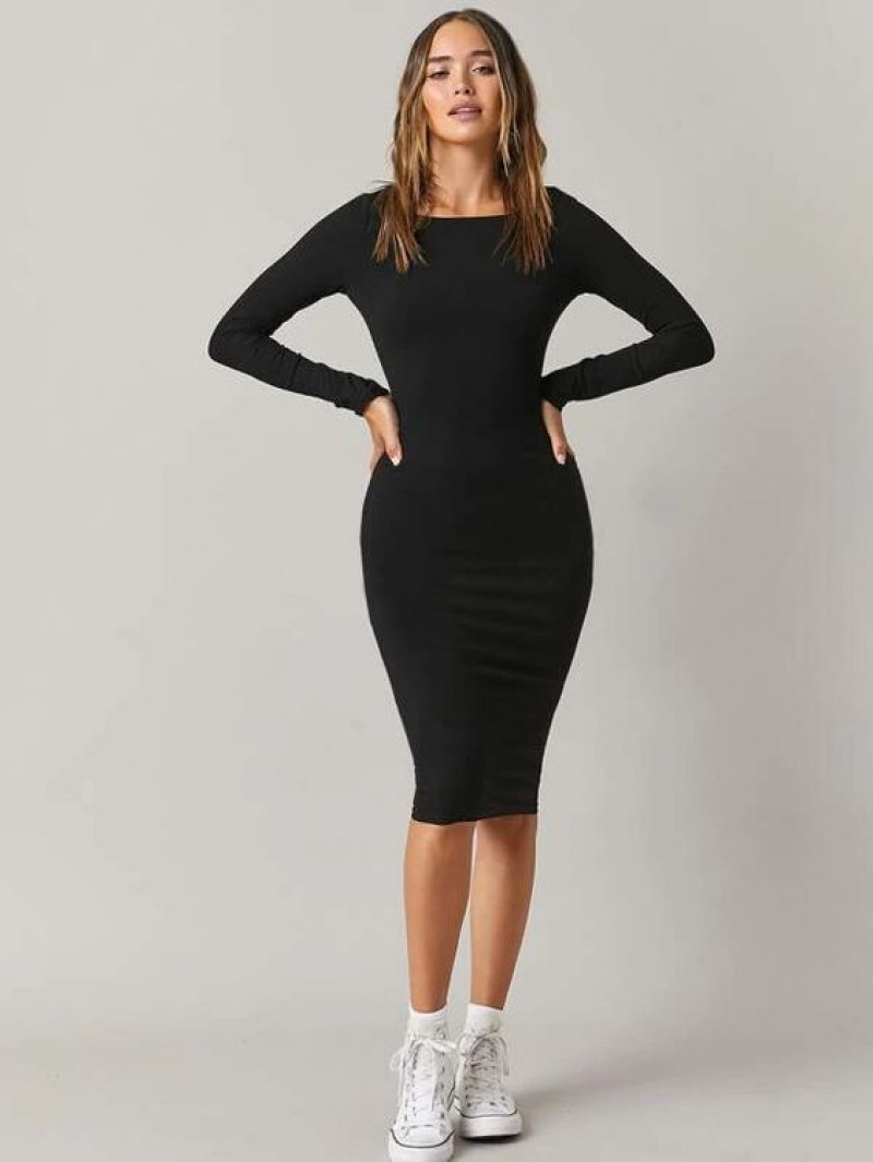 black bodycon dress with color, long sleeve knee length dress, solid bodycon midi dress, black women dresses, women's dress, sheath dress, maxi dress