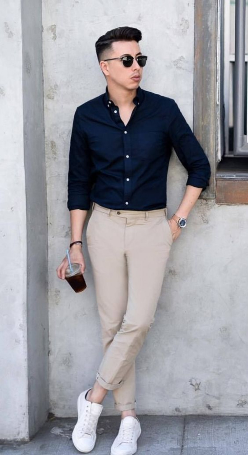 cool navy shirt and khaki pants formal attire