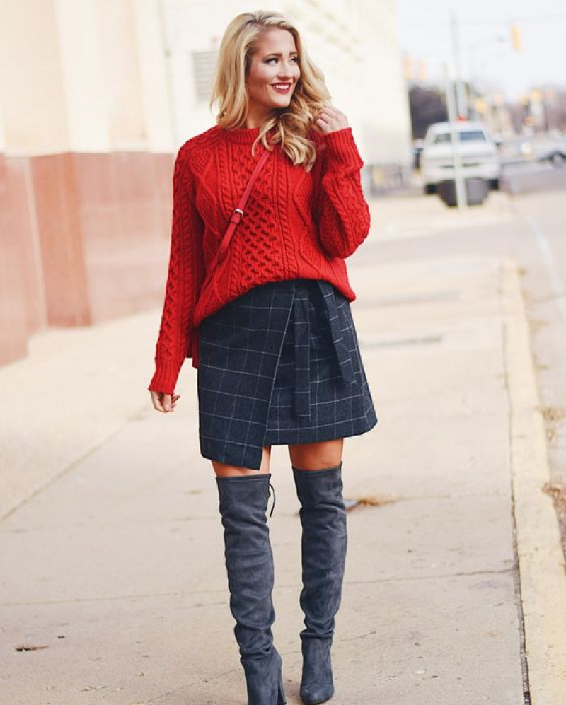 red sweater, dark blue and navy ladies high boot