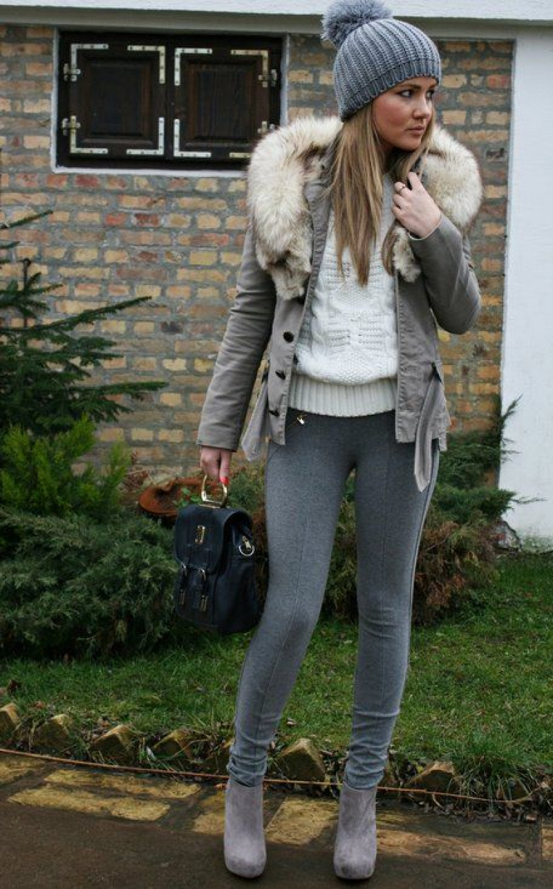 beige winter jacket, grey casual boot chelsea and ankle boot