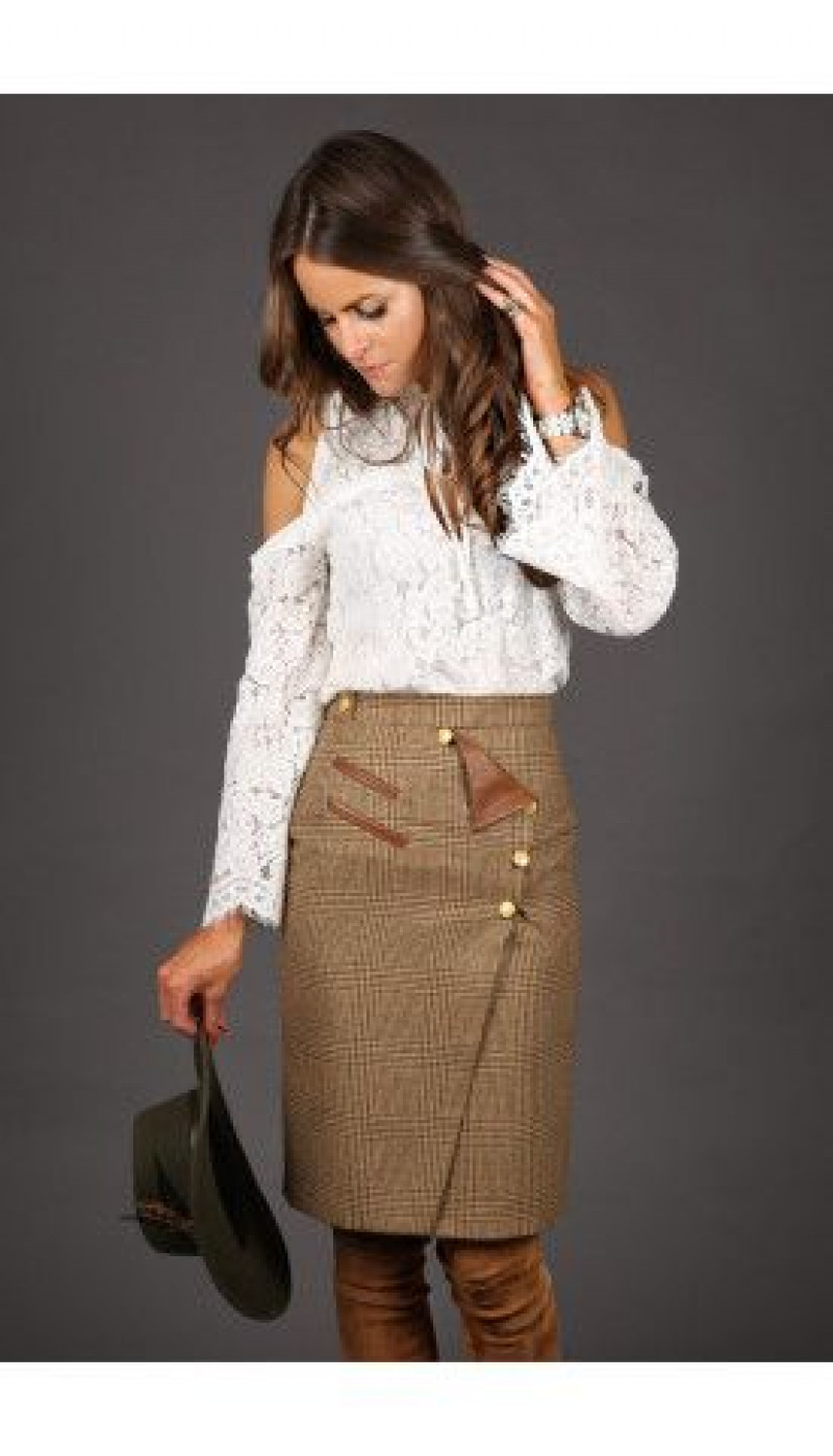 fashion model, white sweater, brown wrap skirt skirt, brown suit trouser