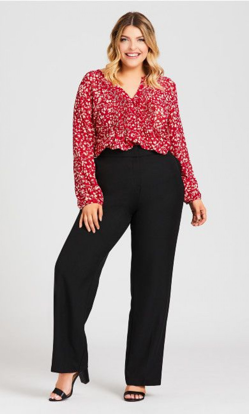 fashion model, plus-size clothing, plus size pants, plus size dress, black formal trouser, red blouse, black sandal