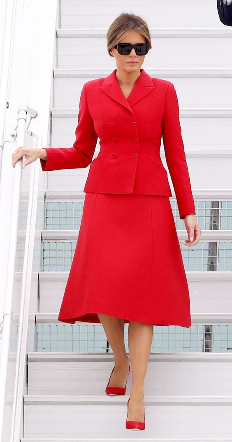 red wool coat, red formal skirt skirt, red pump