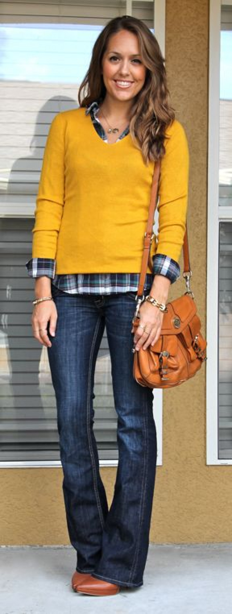 blue jeans, yellow sweater