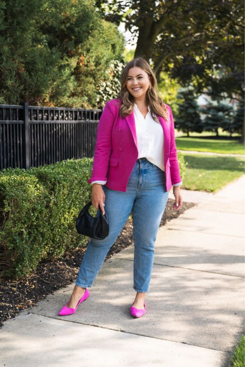plus-size clothing, plus size blazer, women's blazer, light blue casual trouser, pink suit jackets and tuxedo, pink pump, pink ballerina