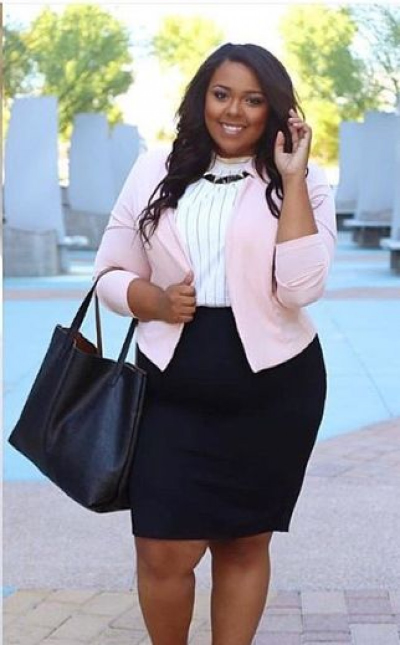 plus size interview outfit, plus size pant suit, plus-size clothing, luggage and bags, online shopping, pink blouse, black pencil and straight skirt skirt