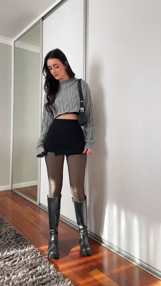 Gray Cropped Sweater and Black Mini Skirt 