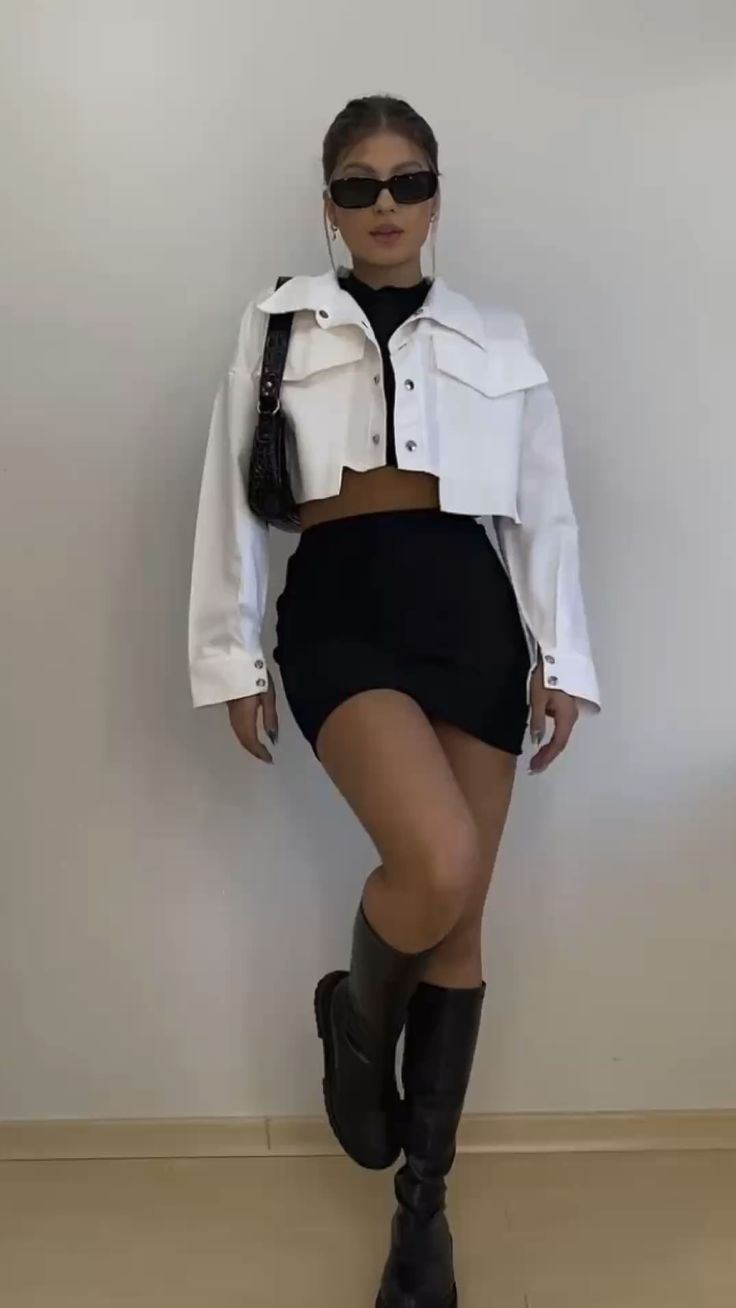 White Cropped Jacket and Black Mini Skirt 