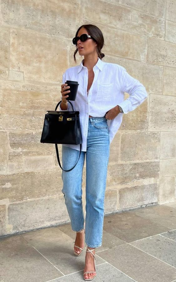 White Shirt with light-wash Jeans and Nude Heels