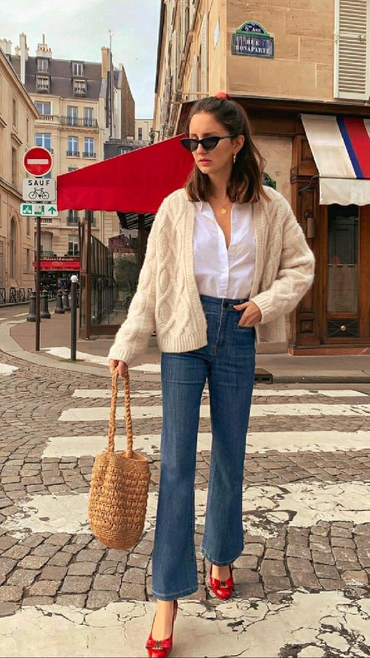 Blue Flared Jeans and Red Heels