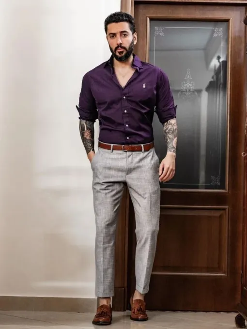 Purple Shirt with Light Gray Pants 