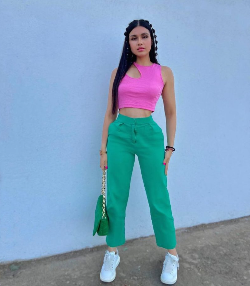 Green Pants with Pink Crop Top