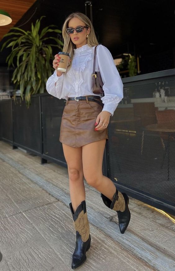 White Ruffle Blouse with Brown Mini Skirt 